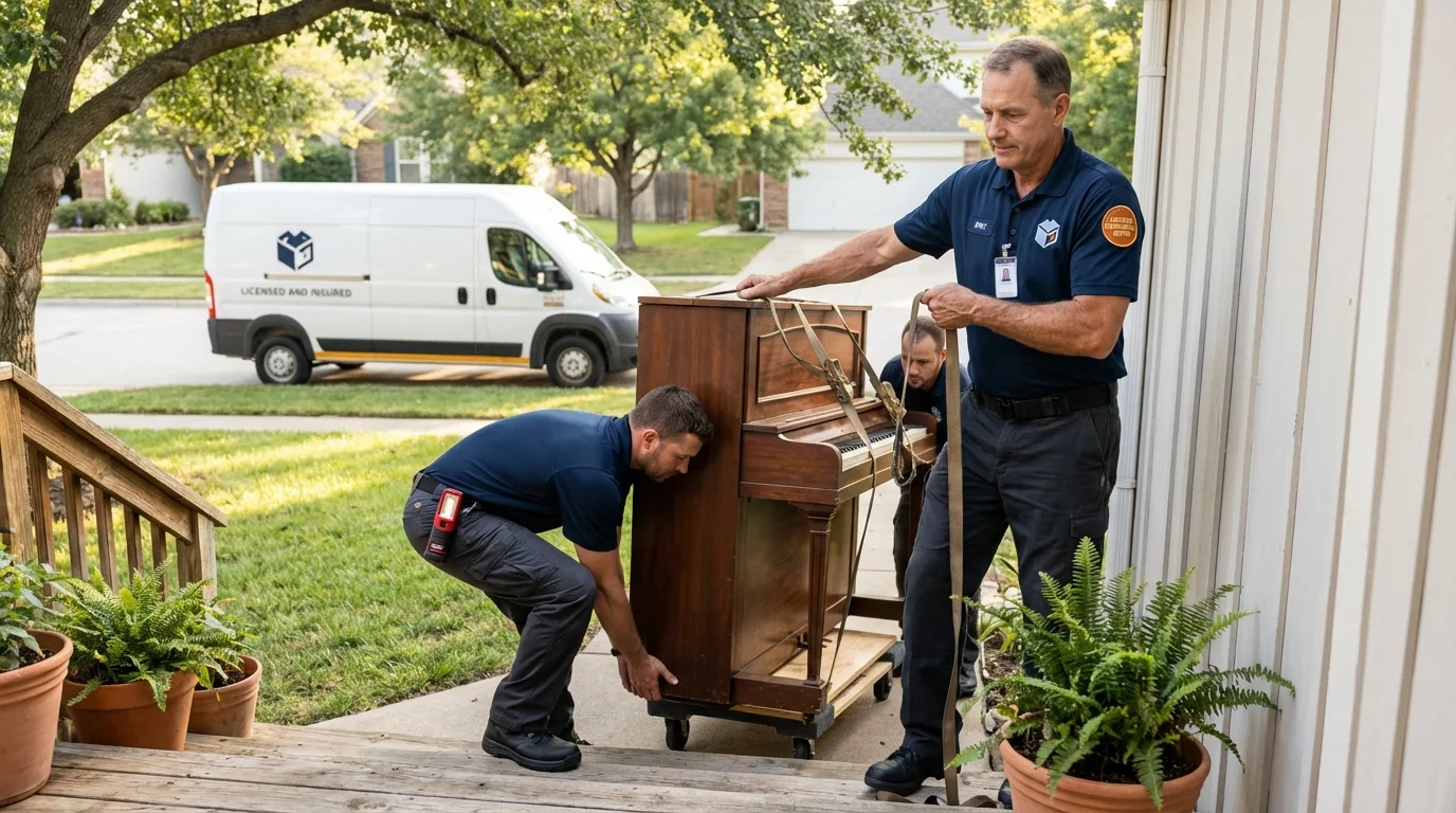 Licensed piano movers securing grand piano in Tomah, WI