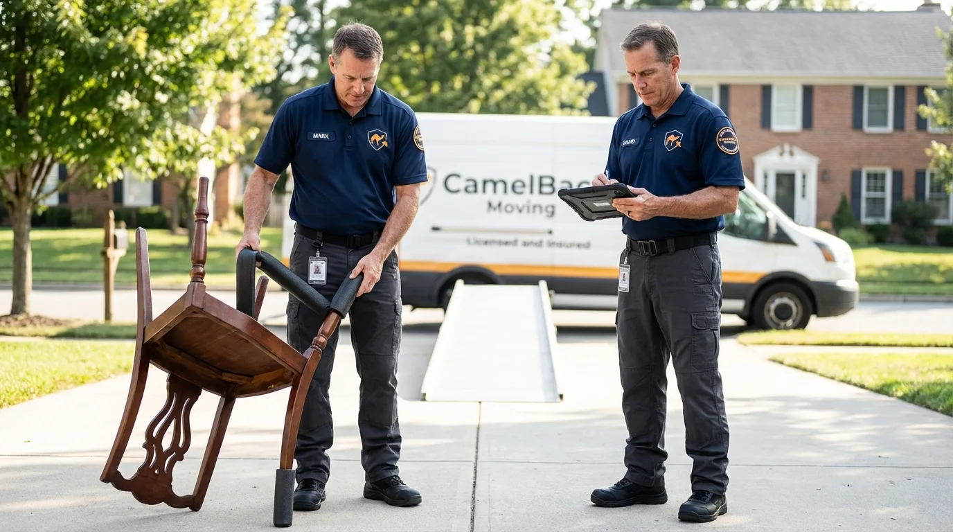 Movers inspecting furniture for damage prevention before loading in Tomah, WI
