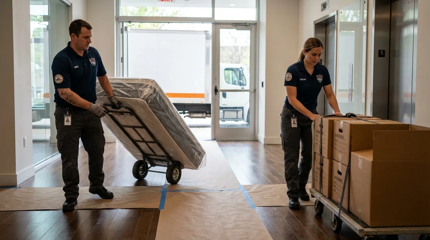 Professional apartment movers loading elevator in Tomah, WI