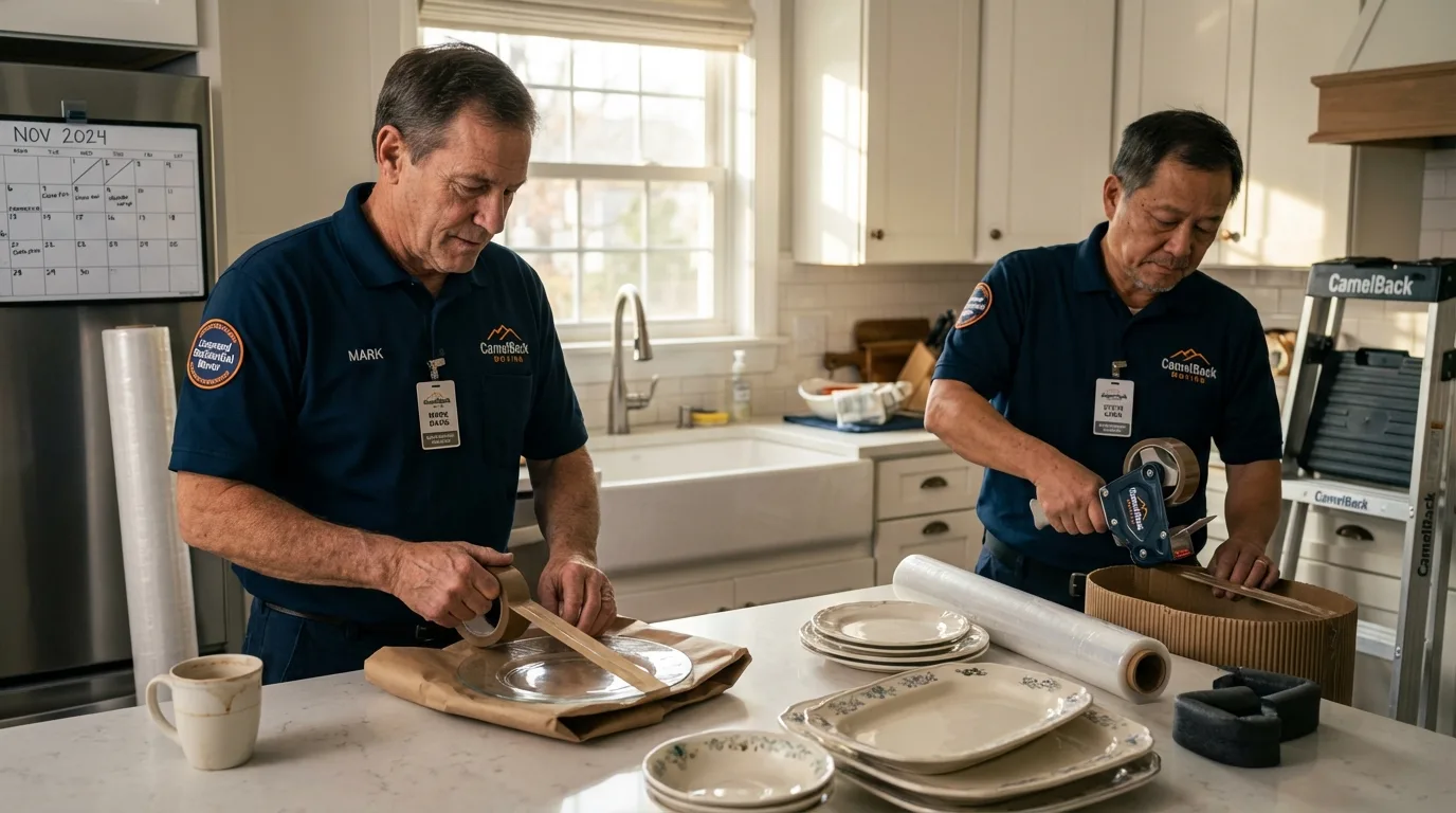 Professional crew packing kitchen dishware in Tomah, WI